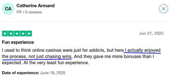 Avis de Catherine Armand avec 5 étoiles pour Playfina Casino sur Trustpilot.