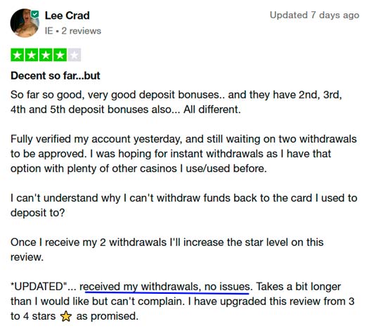 Avis de Lee Crad avec 4 étoiles pour Ritzo Casino sur Trustpilot.