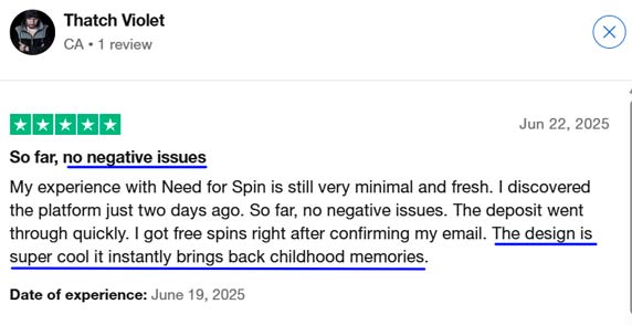 Avis de Violet Thatch avec 5 étoiles pour Need for Spin sur Trustpilot.